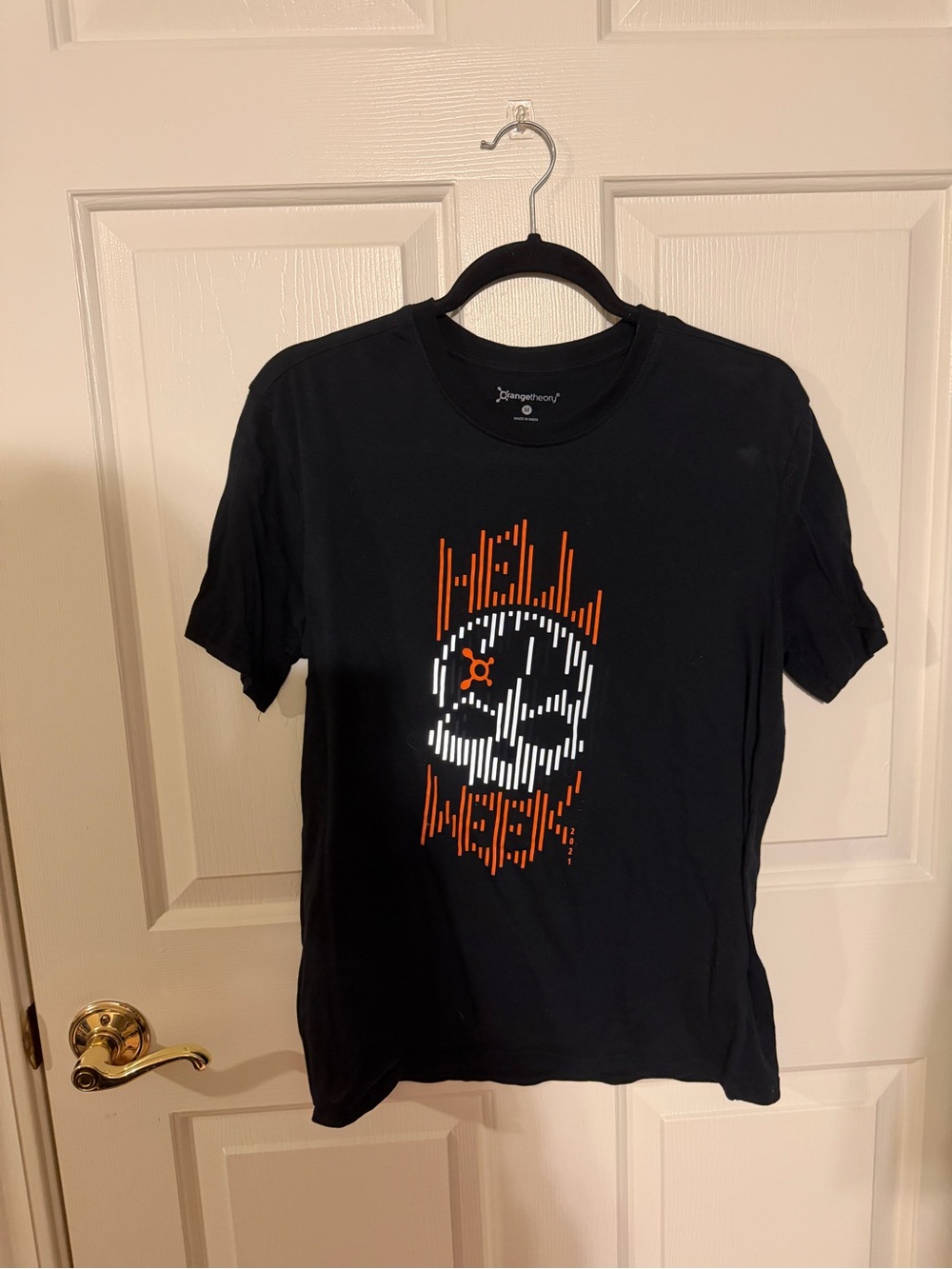 Black Graphic Skull Tee with Orange and White Print Orange Theory